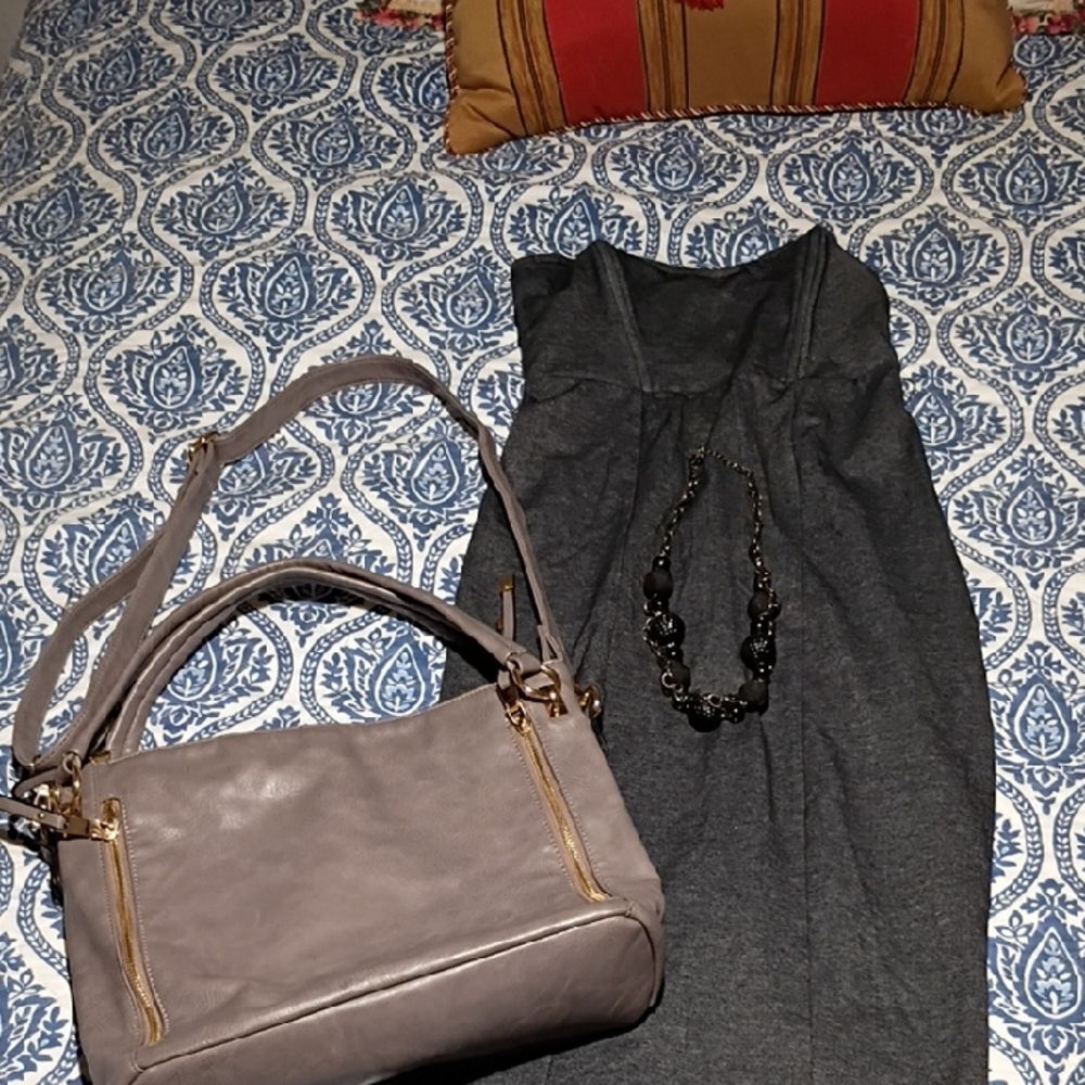 Gray Dress with Taupe Handbag and Black Necklace
